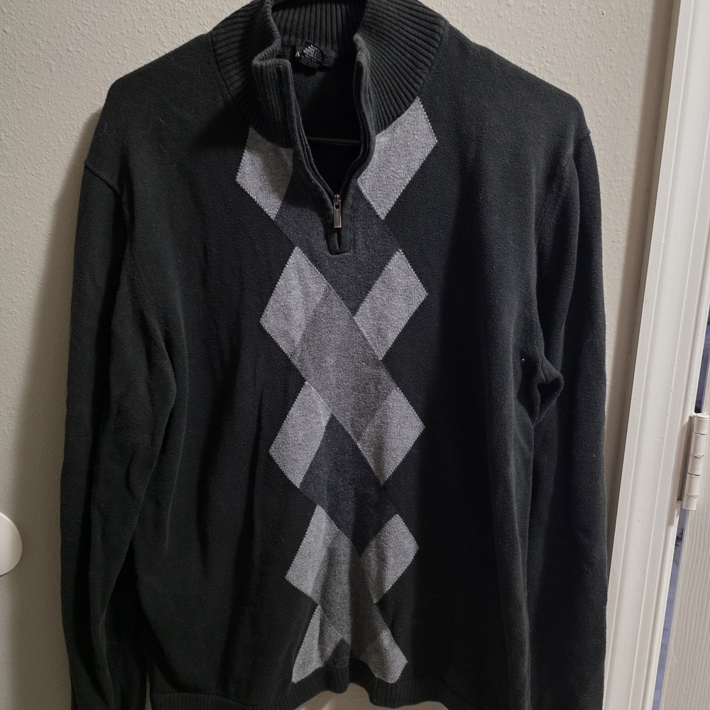 Alfani Black Zip-Up Sweater with Gray Argyle Panel